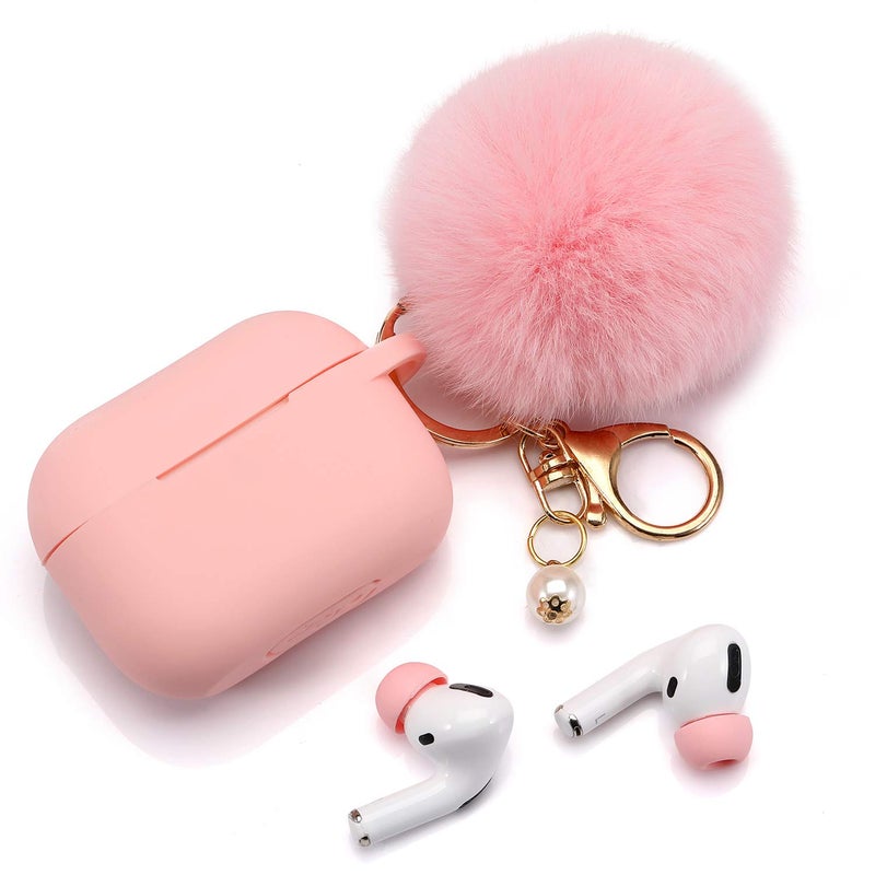 Cypher.V Protective Case Cover for Airpods Pro Charging Case with Ear Tips 1 Pair Kit, Air Pods Silicone Case with Soft Cute Ball Pom Pom Keychain Kit Together with Ear Buds Tips 2&1 (X, Light Pink) - Image 3